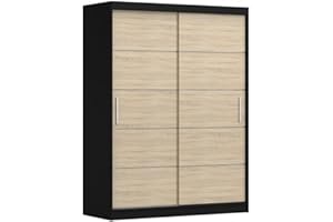 ‎MOEBLO MOEBLO Kleiderschrank Schwebetürenschrank 2-türig Schrank mit vielen Einlegeböden und Kleiderstange Gaderobe Schiebtüren BxHxT 150x200x61 - Lara 6 (Schwarz + Sonoma)