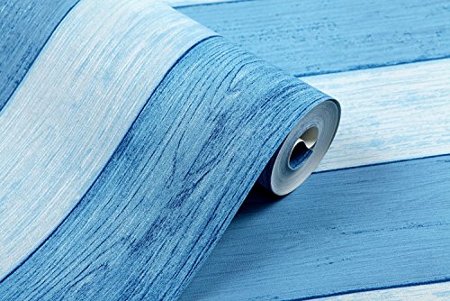 Hanmero Mittelmeer Streifen Vliestapete Holzoptik Hochwertig Pr?gung Fototapete 0,53*10m(5,3m2)Blau Farben f¨¹r Schlafzimmer, Wohnzimmer, Hotel, Restaurant, B¨¹ro, Flur - 4
