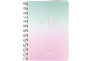 Q Kalon - Kalendarz 2026 - Widok Tygodnia Pionowy, A5 (15x21 cm), Wielojęzyczny Roczny Planer (Hisz., Ang., Franc., Niem.), Bindowanie Spiralne, Okładka Kartonowa z Folii Ochronnej - Sunset