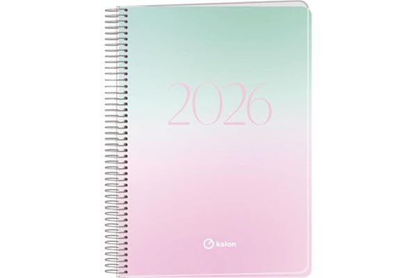 Q Kalon - Agenda 2026 - Semana Vista Vertical, Tamaño A5 (15x21 cm), Planificador Anual Multidioma (ESP, ING, FR y ALE), Cierre de Anillas, Tapa de Cartulina y Plástico Protector - Sunset
