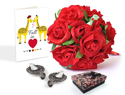 TIED RIBBONS Karwa chauth Gifts Artificial Red Roses with Earrings and Greeting Card | Gifts for Women on Karwachauth | Karwachauth Special Gifts for Wife | Karwachauth Special Gifts for Wife