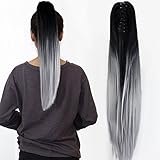 22" Claw on Ombre Two Tone Synthetic Long Straight Ponytail Hair Extensions Natural Black to Silver Grey