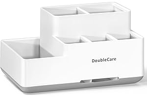 DOUBLECARE Großer Zahnbürstenhalter Elektrische Zahnbürste, Abnehmbarer Kunststoff Zahnbürstenständer, 5 Fächer Multifunktionale Aufbewahrung für Zahnbürste Zahnpasta Rasierer, Einfach zu Säubern,Grau-Weiß