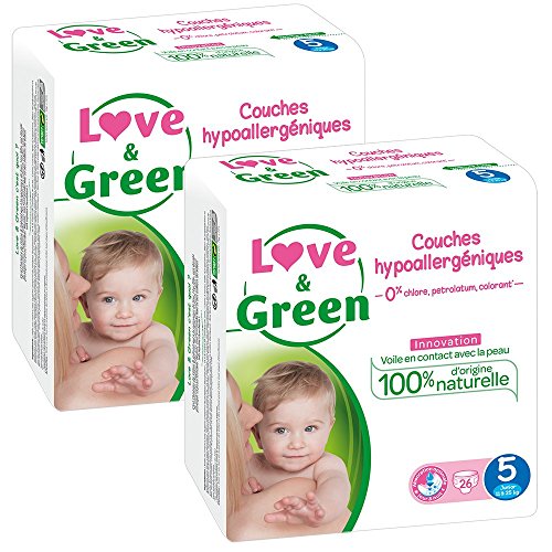 Love & Green - Couches Bébé Hypoallergéniques 0% - Taille 5 (11-25 kg) - Lot de 2 x 26 couches (52 couches)