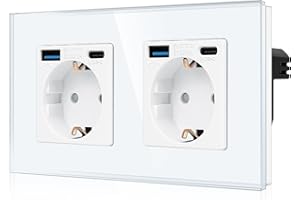 CNBINGO Podwójne gniazdko z 4 portami USB (szybkie ładowanie 20 W) – 2 x (typ C i USB-A) – podwójne szklane gniazdko Schuko podtynkowe – białe gniazdko ścienne z zabezpieczeniem przed dziećmi