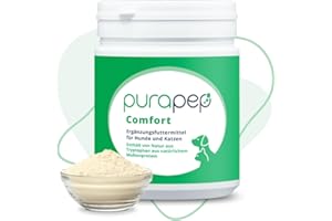 purapep Comfort Pulver – Lindert Stress, Angst & Aggression, fördert Entspannung. Natürliches Beruhigungsmittel für Hunde & Katzen + Tryptophan + B Vitaminen. Ideal für Silvester & Stressphasen. 280g