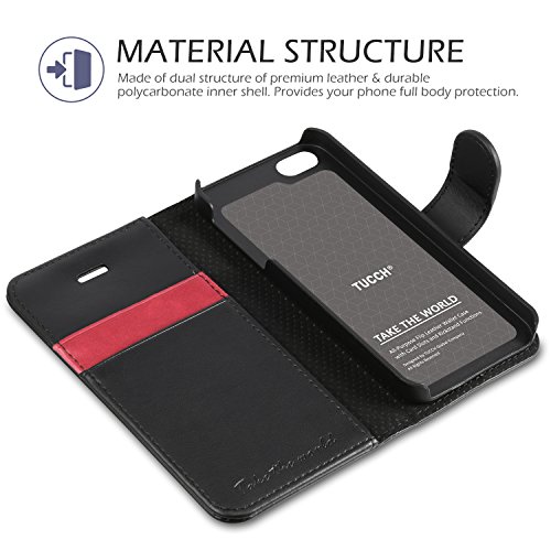 iPhone 5S Case, iPhone 5S Wallet Case, TUCCH [Lifetime Warranty] Magnetized Closure Card Slots Money Pouch, Retro Leather Wallet Case Purse Protective Cover Stand Feature Flip Book Case for iPhone 5s / 5 / SE - Black / Red