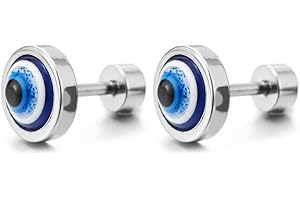 COOLSTEELANDBEYOND 2 Hombre Mujer Mal de Ojo Círculo Pendientes con Resina, Aretes, Acero Inoxidable, Cierre Tornillo