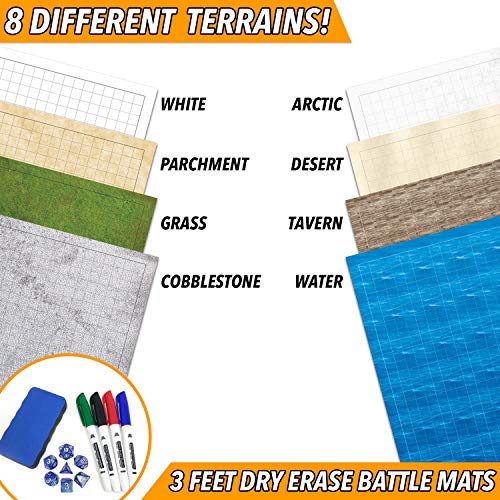 RPG Battle Game Mat - 4 Pack Dry Erase Double sided 36" x 24" (8 Terrains) + 4 Dry Erase Markers + 1 Eraser + 7pc Polyhedral Dice Set - Large Table Top Role Playing Map for Starters and Masters