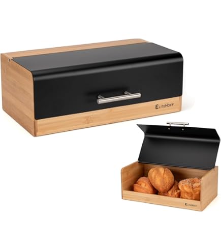 Vilde Broodtrommel, Koektrommel, Broodmand van Staal met Houten Plank, Zwart, 33,5 x 18,5 x 12,5 cm Vilde Broodtrommel, Koektrommel, Broodmand van Staal met Houten Plank, Zwart, 33,5 x 18,5 x 12,5 cm