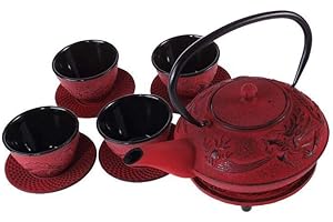 lachineuse - Service à Thé en Fonte Dragon Chinois - 1 Théière, 4 Tasses en Fonte & Filtre Infuseur - Capacité 0,8L - Décoration Japonaise Asiatique - Idée Cadeau Vaisselle Japonaise - Coloris Rouge