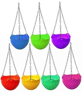 Altino Crystal Plastic Hanging with Chain Planter | Hanging Pots for Plants | Multicolor, Color May Vary (Pack of (7)