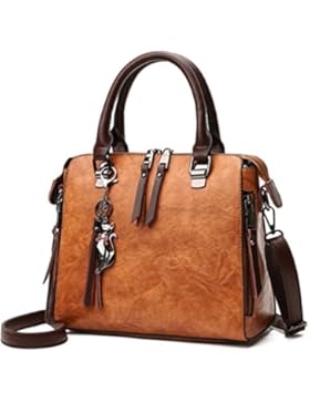 Dexinx Damen Stilvoll Klassisch Leder Handtasche mit Quaste Retro Einfarbig Umhängetasche für Frau