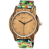 Handgefertigte Holzwerk Germany® Unisex Damen-Uhr Herren-Uhr Sommer Hawaii Blumen Öko Natur-Holz Holz-Uhr Armband-Uhr Analog Holz-Armbanduhr Bunt Blau Rot Braun Textil-Armband Holz-Ziffernblatt