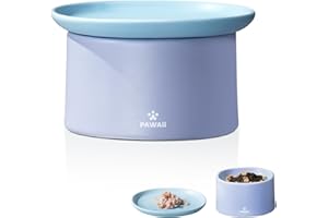 Pawaii Futternapf für Katzen, Erhöhter Keramik Katzen Futternapf, Katzen Napf und Katzenschüssel Set, Erhöhter Keramiknapf für Katze, Fressnapf für Katze und Hunde Stapelbar(Lila Napf&Blau Teller)