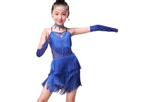 MARITOWN Ragazze Paillettes Latin Dance Tassel Dress Samba Tango Salsa Belly Ballroom Dancewear Dancewear Costumi da ballo per bambini 3-15 anni (NON includere la decorazione della testa e dell'orecchio)