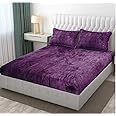 D IMPORTS Velvet Warm Winter Solid Flannel Elastic Fitted Bedsheets for Double Bed King Size 90x100 inches with 2 Pillow Covers | Double Bed Warm Bedsheet with Elastic (Purple Wine)