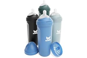 Herobility Double Anti-Colic Baby Bottles - 12 fl oz / 340 ml - Pack of 4 - BPA-Free - Multicoloured - Denim, Black, Dusky Green, Grey