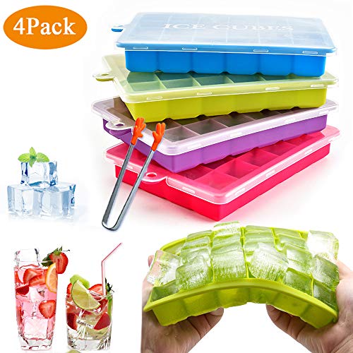 Angusiasm Stampo Ghiaccio, 4 Pezzi Stampi Ghiaccio con Coperchio Gel di silice per Uso Alimentare Flessibile e Senza BPA, 24 cubetti di Ghiaccio ciascuno, Whisky con Stampo per cubetti di Ghiaccio
