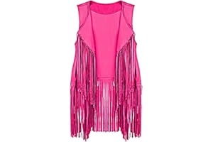 BrightGlow Chaleco con flecos para mujer, chaleco sin mangas, estilo vintage, hippie, chaleco largo con borlas, chaleco hippie, chaleco para mujer, disfraz hippie, talla S