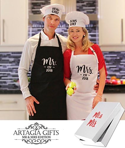 Perfect Wedding Gift or Engagement Gift/ High Quality Embroidered Mr and Mrs Aprons Est 2018 | Chef hats and Gift Box included | Great Bachelorete Party Gift or Couples Gift for Couples who Cook