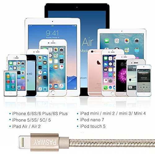 Lightning Kabel Pasway iPhone Ladekabel 3 Pack (1M, 2M, 3M) Nylon Geflochtenes USB Kabel mit Lightning Connector für iPhone 6/6 Plus/6S, iPad Air 2, iPad Pro und mehr Gold - 6
