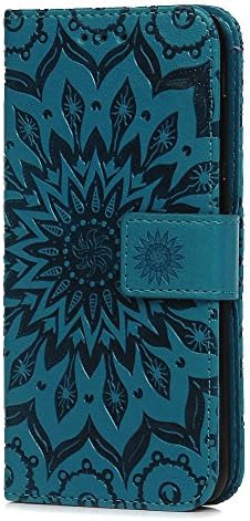 Vagenno Huawei P Smart Case, Shockproof Premium PU Leather Flip Case Cover Notebook Wallet Embossed Sun flower with Stand Card Holder Soft TPU Bumper Protective Skin Case for Huawei P Smart,Blue