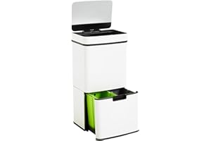 WELL HOME MOBILIARIO & DECORACIÓN Papelera de reciclaje 62L (37L+25L), cubo de basura con 2 compartimentos, apertura automática con sensor, en acero inoxidable, blanco