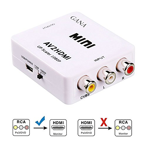 RCA a HDMI, Gana 1080P Mini AV a HDMI Vídeo Audio Adaptador Soporte PAL/NTSC con cable de carga USB para PC Ordenador Portátil Xbox PS4 PS3 TV STB VHS VCR Cámara DVD (Color Blanco)