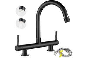 Maynosi 2 Hole Kitchen Sink Mixer Tap, Bridge Kitchen Sink Taps, Dual Levers Faucet with 2 Function Sprayer, 360° Swivel Spout, 180 mm Centers Deck Mounted, Include Flexible Tails, Brass, Matte Black