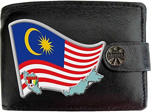 Malaysia Flag Malaysian Map and Coat of Arms COA KLASSEK Mens Wallet Real Black Leather RFID Blocking with Coin Pocket and Metal Gift Box