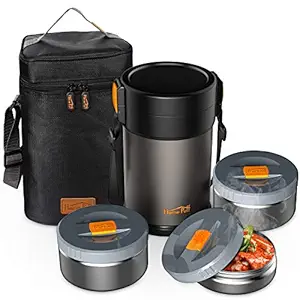 Home Puff Lunch Box Stainless Steel Vacuum Insulated, with Bag, 2.0L, 3 Containers, Grey