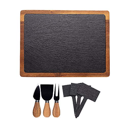 Juego de platos para servir pizarra de queso, 40,64 cm x 30,48 cm, incluye tabla de queso, cuchillos de queso de madera y marcadores de queso de pizarra