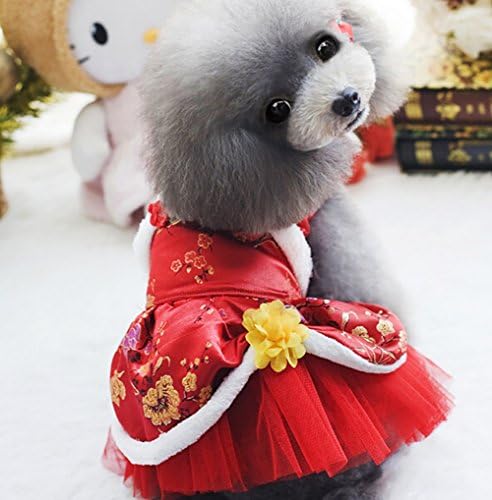 Limiz Dog Dress, Tang Suit Costume Hallowmas Christmas Chinese New Year Pet Small Dog Skirt Chest Protector Siamese Dress 5 Size (Color : Red, Size : S)