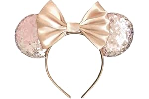 EGSHUFU Mouse Ears Headband, Mouse Ears Gift for Women Girls, Sequin Bow Headband Role Play Accessories Party Decorations(Champagne)