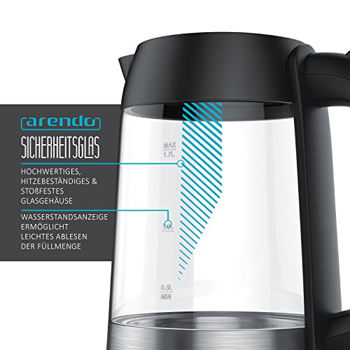 Arendo – Edelstahl-Glas-Wasserkocher inkl. LED-Innenbeleuchtung | Edelstahl-Glas-Optik | STRIX-Controller | integrierter Kalkfilter | 1,7 Liter | 2200 Watt | automatische Abschaltung | One-Touch-Verschluss - 4