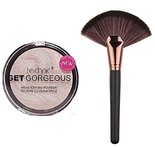 Technic Get Gorgeous Highlighting Powder 12g + LyDia® Large Rose-Gold Fan Cheek/Blending/Contour/Highlighter/Bronzer/Dust Makeup Brush