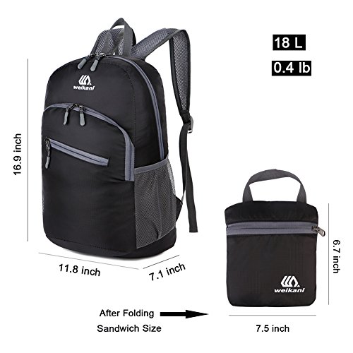 Leichter Tagesrucksack Faltbar Wasserdicht Rucksack f  r M  nner Frauen Kinder f  r Outdoor Wandern Reisen 18 L - Schwarz