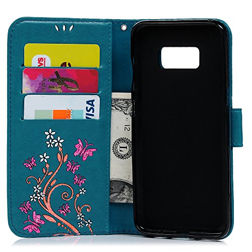 Lanveni Samsung Galaxy S8 Hülle, Handyhülle Galaxy S8 Flip Case Cover PU Lederhülle Schutzhülle Magnetverschluss Ledertasche mit Stander Function Brieftasche Card Slot Handy Tasche mit Bunte Schmetterling Cover Design (Blau)+ 1 x Stylus Pen + 1 x Staubdichte Stecker - 9