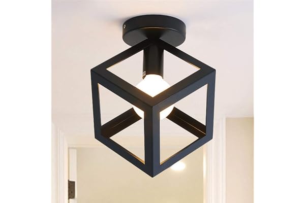 iDEGU Plafonnier Luminaire Moderne Lustre Forme Cage Lampe de Plafon Vintage Abat-jour de Style Géométrique en Métal E27 Éclairage pour Chambre Salon Restaurant, Forme de Cube,16CM, Noir