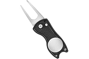 MEKEET Stainless Steel Golf Divot Repair Tool 1Pcs Foldable Golf Divot Tool with Pop-up Button and Magnetic Ball Marker, Green Tool Accessories with Fork Tine Golf Pitch Mark Repair Tool