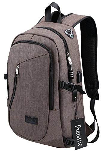 Preisvergleich Produktbild Fantastische Zone Laptop-Rucksack, wasserabweisendes Polyester Schule Tasche mit USB Ladeanschluss, Kopfhöreranschluss und Schloss für Damen & Herren Coffee 20 x 12 x 8 inches
