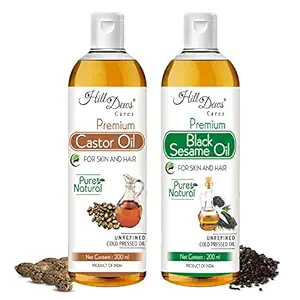 HillDews Castor oil (200 ml) and Black Sesame oil (200 ml) - Cold Pressed - Moisturizes the Skin and Promotes soft and Shiny Hair (200 ml + 200 ml)