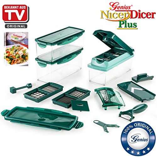 Genius Nicer Dicer Plus | Smaragd-Grün | 18 Teile | Alles-Schneider | Reiben | Hobeln | Würfeln | Schneid-Gerät | TV-NEU