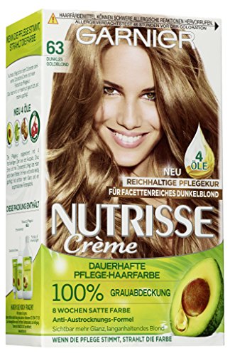 Garnier Nutrisse Creme Coloration Dunkles Goldblond 63, Färbung für Haare für permanente Haarfarbe (mit 3 nährenden Ölen), 1 Stück