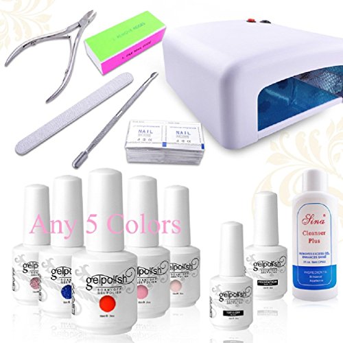 Elite99 Pick Any 5 Colours Soak Off Gel Polish Nail Art Set + Base & Top Coat + 36W UV Lamp + Cleanser Plus + Nail Files Clippers Buffer Remover