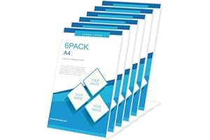 Basong A4 Display Stand, 6 Pack A4 Acrylic Sign Holder Clear L-Shape A4 Perspex Display Stand, A4 Sign Holder for Menu, Shop, Office, Hotel, School, Picture, Documents