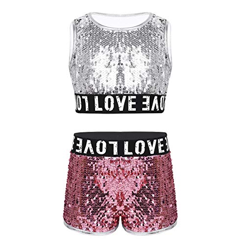 ranrann Enfant Fille Ensemble Danse Tenue Hip-hop Jazz Ballet Paillette Costume Gymnastique Tank Top Short Gym Yoga Fitness Sport Bodysuit Performance Dancewear 3-14 Ans