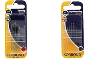 Korbond Kit Coser a Mano de 16 Piezas-Incluye Agujas de zurcir y enhebrar-Varios tamaños-Ojos Grandes, Acero al Carbono, Plateado, 44