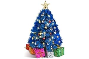 PREXTEX Mini Árbol de Navidad Azul de 60 cm con Luces LED Blancas – Árbol de Navidad Pequeño de Mesa con Estrella en la Punta, Cajas de Regalos y Bolas de Navidad para Decoración Navideña